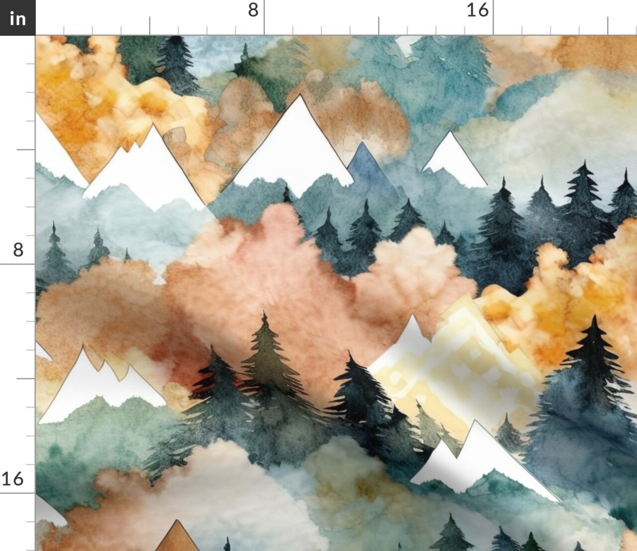 Watercolor Mountain Green Orange Woodland Pine Forest Adventure Custom Printed Fabric by Spoonflower Various Fabrics by the Yard or Fat Quarter 15047166